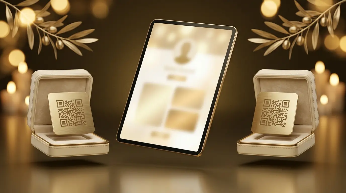 לוחית QR בקופסת מתנה לצד עמוד הנצחה דיגיטלי על מסך